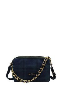 Grand sac rectangulaire à carreaux vert foncé avec chaîne dorée et sangle en cuir noir, fermeture éclair et plaque logo "mila louise paris".