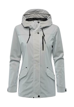 Světle šedá nepromokavá bunda s kapucí, černými akcenty, přední kapsou na zip a dvěma bočními kapsami. Obsahuje šňůrku na stažení kapuce.