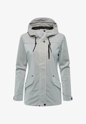 Šviesiai pilka vandeniui atspari striukė su gaubtu, juodais akcentais, priekinė zip užtrauktukas kišenė ir dvi šoninės kišenės. Gaubte yra raištelis.