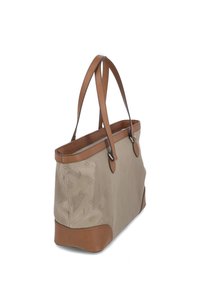 Borsa tote beige con tessuto stampato, dettagli in pelle marrone e due spallacci. Presenta una forma strutturata e un branding sottile.