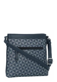 Dunkelblaue Crossbody-Tasche mit geometrischem Muster in dunklem und hellem Blau, ausgestattet mit einer Reißverschlusstasche auf der Vorderseite und einem verstellbaren Tragegurt.