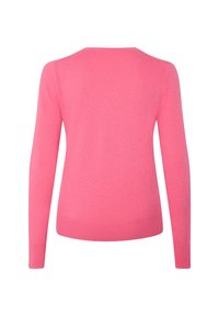 Pull rose avec des manches longues, un col rond et une texture lisse. Design simple avec un ourlet et des poignets côtelés, sans motifs ni embellissements.