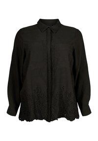 Maglietta nera a maniche lunghe realizzata in un tessuto testurizzato, con una chiusura frontale a bottoni, due tasche sul petto e ricami floreali sull'orlo.