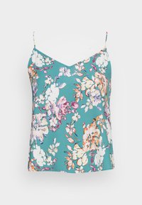 Camisola floral com fundo turquesa, alças finas e decote em V. Decorada com padrões de flores roxas, laranjas e brancas.