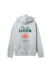 Gray hoodie with a drawstring hood features green and red text. Back design includes "Pasta Lover" and a graphic of pasta with text below.