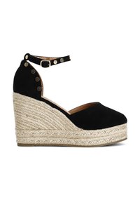 Černé velurové wedges espadrilky s pletenou juteovou podrážkou, páskem kolem kotníku s pozlacenými detaily a kulatou špičkou.