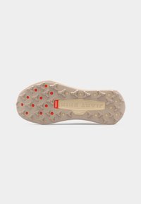 Beige Nike Trail shoe sole with triangular treads, red circular grips, and central rectangular label reading "NIKE TRAIL" on a neutral background.