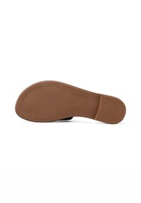 Suola di scarpa in gomma marrone con superficie di presa texture e design curvo; presenta un dettaglio di marchio modellato e un indicatore di misura.