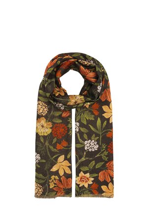 Dark green scarf with autumn-colored floral pattern featuring orange, yellow, and white flowers and green leaves, folded in a loop.