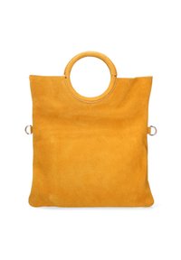 Borsa tote in suede gialla con manico rotondo e due anelli laterali, caratterizzata da una texture liscia e morbida e un design minimalista.