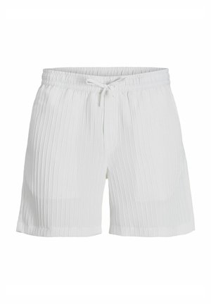 Shorts blancs en tissu texturé avec des plis verticaux, dotés d'une taille élastique et d'un cordon de serrage à l'avant pour un ajustement réglable.