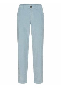 Pantalon en velours côtelé bleu clair à jambes droites, fermeture avant par bouton et zip, passants de ceinture et ourlets retroussés.