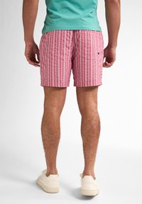 Costume da bagno a righe rosa e bianche, con una cintura solida, tasche laterali e un piccolo dettaglio del logo sul retro.