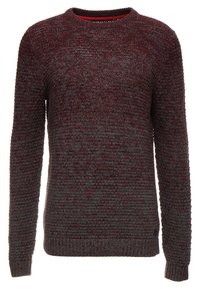 Pull en tricot bordeaux et gris, col rond, tissu texturé, manches longues, poignets et ourlet côtelés, avec un col intérieur contrastant.
