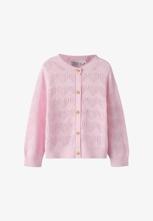 Heleroosa kootud kardigan südamekujulise avaga mustriga ja viis puidust nuppu ees, pikad varrukad ning soonikud mansettidel ja äärel.