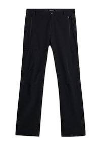 Czarne, lekkie spodnie wykonane z trwałej tkaniny, z dwoma zamykanymi na zamek kieszeniami po bokach oraz jedną kieszenią cargo na przechowywanie. Gładka tekstura.