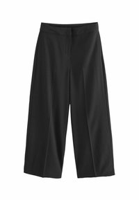 Schwarze weit geschnittene Hosen mit einer glatten Textur, gefalteter Vorderseite und tailliertem Bund. Mit verkürzter Länge und ohne sichtbare Taschen.