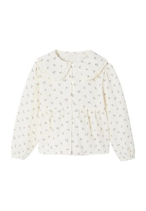 Cremfarbene Babybluse mit langen Ärmeln, kleinem Blumenmuster, Knopfleiste, geraffter Taille und großem, mit Spitze besetztem Peter-Pan-Kragen.