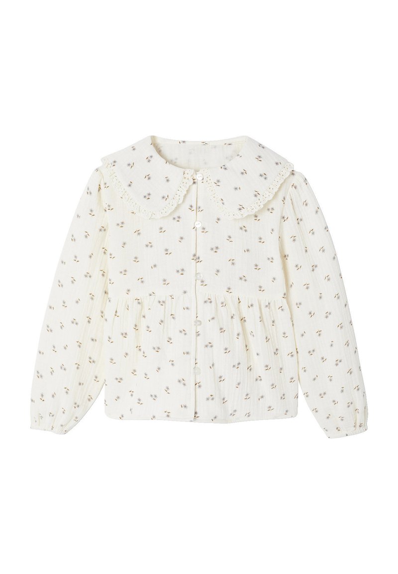 Cream-colored long-sleeve baby blouse with small floral print, button front, gathered waist, and a large lace-trimmed Peter Pan collar.