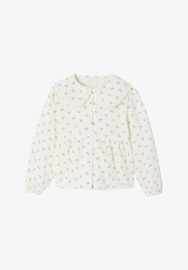Cream-colored long-sleeve baby blouse with small floral print, button front, gathered waist, and a large lace-trimmed Peter Pan collar.