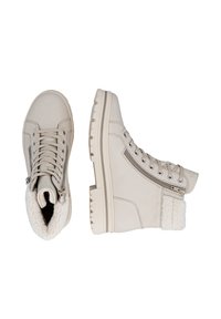 Bottes montantes beige avec extérieur en cuir, col en fausse fourrure douce, surface texturée, semelle en caoutchouc et détail de fermeture éclair sur le côté.