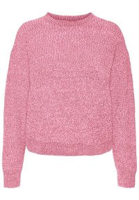 Rosa gestrickter Pullover mit rundem Halsausschnitt, weiten Ärmeln und rippenförmigem Saum. Die Textur wirkt dick und weich, geeignet für legere Kleidung.