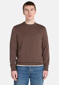 Brun stickad tröja med rund halsringning, ribbade ärmslut och nederkant, med en liten logotyp på bröstet. Bärs över en ljus skjorta.