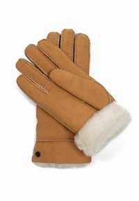 Helle Lederhandschuhe mit einem weichen cremefarbenen Fellfutter an den Bündchen. Die Handschuhe haben fünf Finger und sichtbare Nähte entlang der Saumstellen.