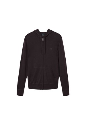 Felpa nera con zip, tasche frontali, cappuccio con coulisse e piccolo logo ricamato sul lato sinistro del petto.