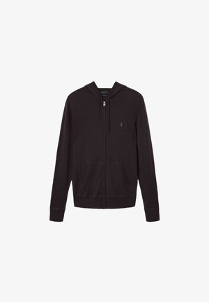 Schwarze Kapuzenjacke mit Reißverschluss, Fronttaschen, Kordelzug auf der Kapuze und kleinem gesticktem Logo auf der linken Brust.