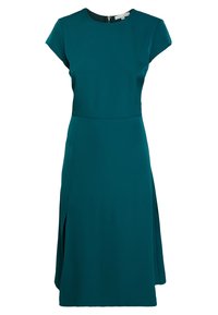 Teal mekko, jossa on lyhyet kynähihat, istuva bodice ja levenevä hame. Sivusaumoissa on halkioita mukavuutta varten, valmistettu sileästä kankaasta.