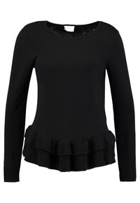 Svart långärmad tröja i stickat tyg, med rund halsringning och en volangkant vid midjan.