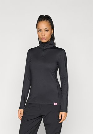 Svart långärmad prestandatopp med hög krage, halvvajerdragning, flatlocksömmar och en liten rosa logotyp vid fållen. Slät textur.