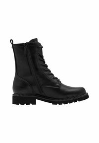 Bottes de combat en cuir noir avec fermeture éclair latérale, laçage à l'avant, languette à l'arrière et semelle épaisse à crampons.