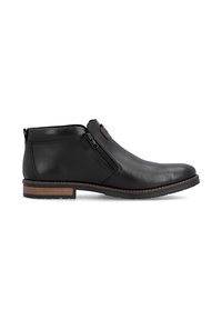 Bottine en cuir noir avec fermeture éclair latérale, talon empilé marron et bout arrondi, montrée de profil sur fond blanc.