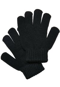 Svarte strikkede hansker med ribbestrikkede mansjetter og fem fingre. Stoffet ser mykt ut med en strukturert finish, egnet for bruk i kaldt vær.