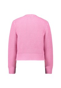 Rosa gestrickte Strickjacke mit geripptem Muster, cropped Design und langen Ärmeln. Verfügt über einen einfachen Rundhalsausschnitt und verstärkte Saumdetails.