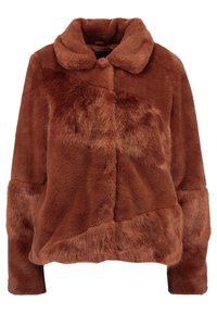 Veste courte en fausse fourrure marron avec un col large, des manches longues et un design en patchwork.