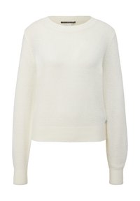 Maglione bianco, strutturato, con colletto tondo e maniche lunghe. Polsini e orlo a coste. L'etichetta interna riporta la scritta "Il divertimento è dove sei tu."