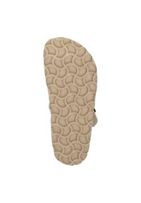Flip-flop met een getextureerde, beige rubberen zool met een cirkelpatroon. De bovenkant is licht van kleur en heeft een eenvoudig bandontwerp.