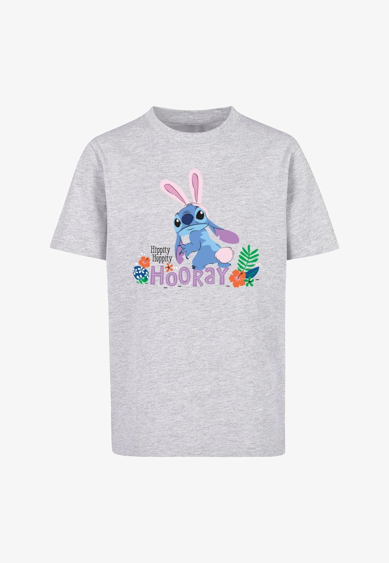 Maglietta in cotone grigia con un grafico di un personaggio blu con orecchie di coniglio rosa, circondato da elementi floreali e il testo "Hippity Hoppity Hooray."