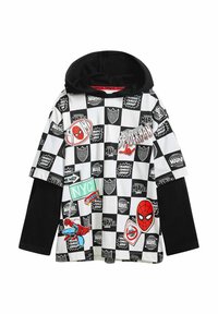 Kortärmad hoodie med ett svartvitt rutmönster, med grafiska motiv av Marvel-karaktärer och färgglada accenter.