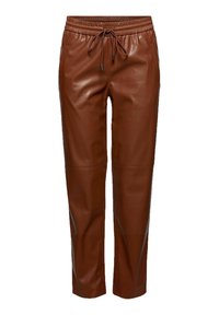 Bruine faux leren broek met een elastische tailleband en trekkoord. Ze hebben zijzakken en een rechte pasvorm.