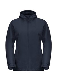 Donkerblauwe waterdichte jas, met ritssluiting aan de voorkant, capuchon, lange mouwen, met een gladde textuur en logo op de linkerborst.