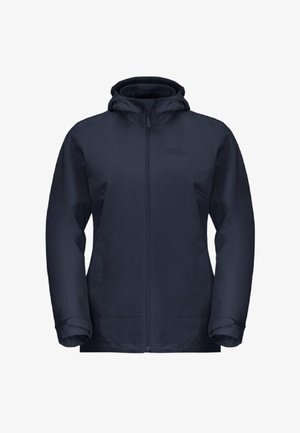 Marineblaue wasserdichte Jacke, mit Frontreißverschluss, Kapuze, langen Ärmeln, mit glatter Textur und Logo auf der linken Brustseite.