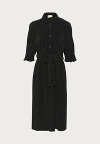 Robe noire à boutons avec un col et des manches courtes à volants. Taille élastique avec ceinture à nouer. Fabriquée en tissu texturé, longueur genoux.