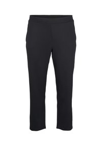 Černé zkrácené kalhoty s elastickým pasem, vyrobené z měkkého, elastického materiálu; elegantní design bez viditelných kapes nebo kovových doplňků.