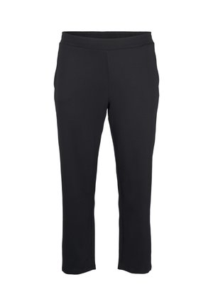 Černé zkrácené kalhoty s elastickým pasem, vyrobené z měkkého, elastického materiálu; elegantní design bez viditelných kapes nebo kovových doplňků.