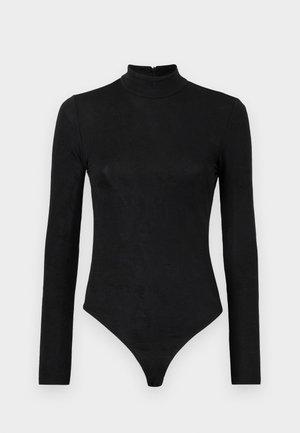 Body noir à manches longues avec un col montant et une texture subtile. Comprend une fermeture éclair au dos et un design de bas en thong.