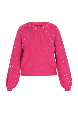 Fuchsia sweater with ribbed texture, featuring pearl embellishments on shoulders and sleeves, and a crew neckline. Cropped fit.